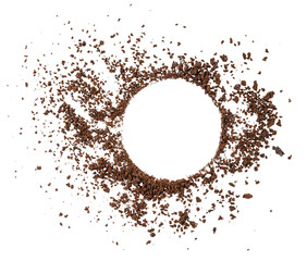 Wall Mural - Instant coffee powder pile in circle shape, dry coffee grains, graphic element isolated on a transparent background