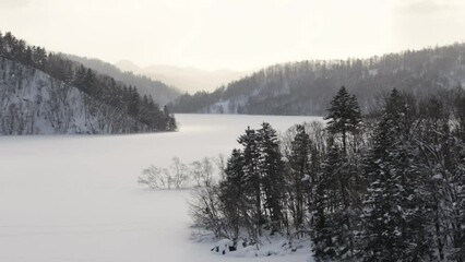 Wall Mural - sun shining through snow falling on frozen lake and forests