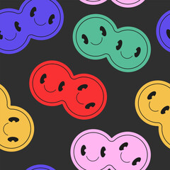 seamless vector pattern with y2k smiling siamese twins faces. trippy emoji background. retro groovy 