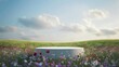 © lanters_fla - Blank product display podium with summer flowers field meadow on background. Beauty skincare cosmetics presentation. Organic natural concept.