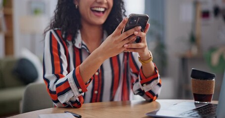 Poster - Hands, phone and happy person in home office, laughing or scroll at table for remote work. Smartphone, funny freelancer and mobile on desk for communication, comedy or reading meme on social media