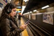 Teenage girl using cell phone at subway station