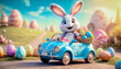 © abrilla - A cute and cheerful Easter bunny is carrying Easter eggs and sweets in a car