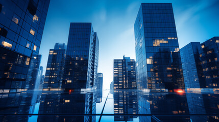 Modern city skyscrapers with reflective glass windows at sunset