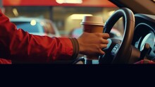 Hand Man In Car Receiving Coffee In Drive Thru Fast Food Restaurant. Staff Serving Takeaway Order For Driver In Delivery Window. Drive Through And Takeaway For Buy Fast Food For Protect