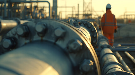 Natural gas pipeline with  worker working in the background.