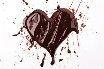 Wall Mural - Chocolate heart with streaks of chocolate on a white background. Concept of love, feelings, relationships. Place for text. Sweet dessert. Love message.