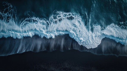 Wall Mural - Amazing Aerial view of black sand beach and ocean waves in iceland