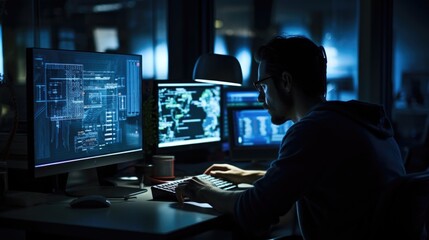 programmer working late on software development with code on screens.