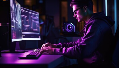 Software engineer coding in a dark room with multiple computer monitors.