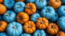 The Background Of Many Pumpkins Is In Sky Blue Color