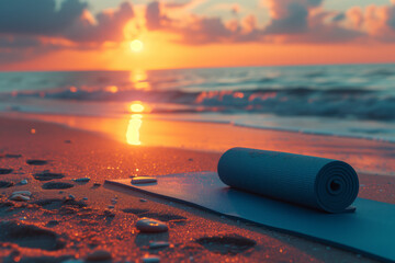 Close-up of yoga mat on the beach on sunset background. Training workout. Healthy active lifestyle. Fitness concept