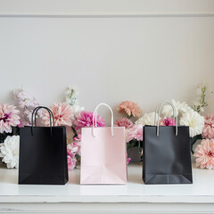 pink and black shopping bags with colourful flowers and a white wall in the background