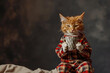 Humanized funny sleepy ginger cat in pajamas on sofa drinks morning coffee. Enjoying Coffee. Monday morning. Copy space. Creative animals portrait. AI Generative