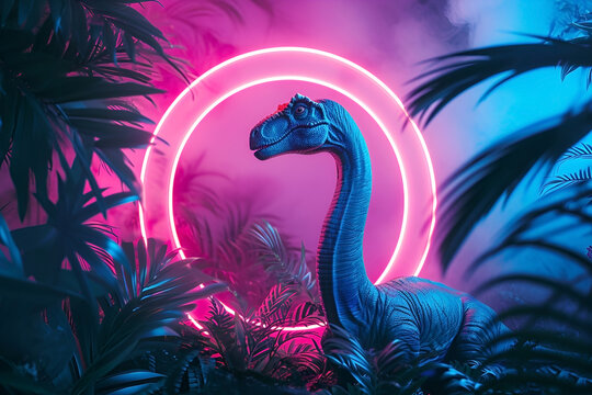 Dinosaur Dino in neon tropical jungle on pink background, 3d rendered. AI Generative. Advertisement, cover or wallpaper, screensaver.