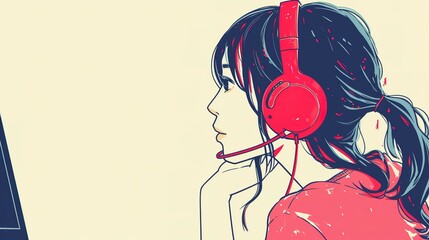 Anime Girl concept, woman with headset on a desktop computer