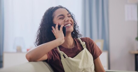 Canvas Print - Woman, laughing and talking by phone call in living room, relax and weekend for gossip or goofy in home. Mexican lady, happy and social on cellphone in lounge, funny and comic with contact in house