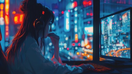 Anime Girl concept, woman with headset on a desktop computer