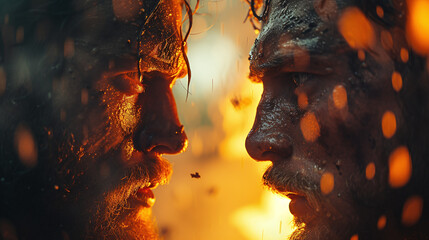 American Football Game Start Teams Ready: Close-up Portrait of Two Professional Players, Aggressive Face-off. Competition Full of Brutal Energy, Power, Skill. Rainy Night with Fire Dramatic Light.Ai
