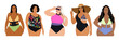 © Creative_Juice_Art - Curvy girls in bikini vector realistic illustration isolated on transparent background. Plus size models in swimsuit. Body positive concept. Beautiful women with different skin colors.