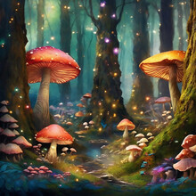 Fantasy And Fairytale Magical Forest Pathway With Mushrooms In Purple, Orange And Golden Light Lighting