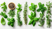 Mediterranean Cuisine Ingredients Garden Culinary Herbs. Fresh Thyme Rosemary Sage Basil Parsley Mint Black Pepper Corns On White Table Background