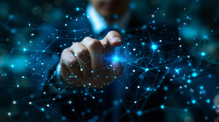 Wall Mural - Businessman touching virtual display to connect digital software of network services. Digital future. Generative AI