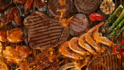 Sticker - Super slow motion of mix of meats, and vegetable on grill grid. Filmed on high speed camera, 1000 fps