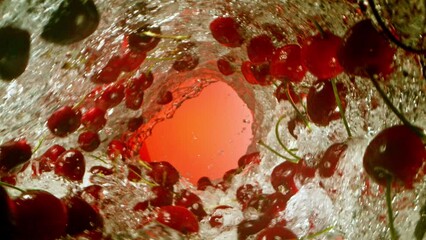 Leinwandbilder - Super Slow Motion of Water Wave with Cherries. Water Surf Wave Rotating Around and Creating Tunnel Shape. Filmed on high speed cinema camera, 1000 fps.