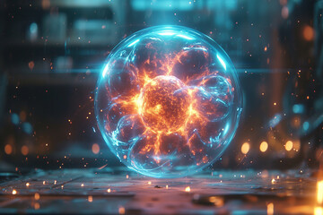 luminous spheres, molecular structures on blurred blue background, futuristic fractal patterns, nanopunk