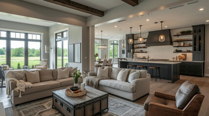 Wall Mural - With its open floor plan and industrial details such as metal shelving and Edison bulb lighting this farmhouse brings a contemporary twist to rural living.