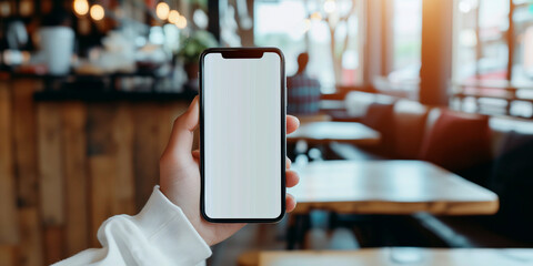 Mockup woman's hand holding using smart phone with white blank screen at coffee shop, mobile app design and advertising, online marketing