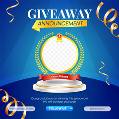 Giveaway winner announcement social media post banner template with 3d element