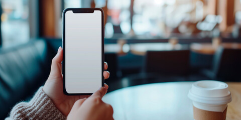 Mockup woman's hand holding using smart phone with white blank screen at coffee shop, mobile app design and advertising, online marketing