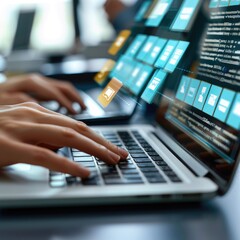 person typing on a laptop. consultant working on laptop computer in office. Software for archiving, searching and managing corporate files.