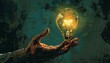 Eureka Moment, Illustrate a eureka moment with an image of arm fingers grasping a light bulb, representing the moment of sudden realization or discovery, AI