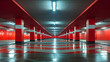 Empty shopping mall underground car park with columns, generative ai