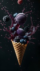 Poster - Vibrant berry ice cream explosion in a waffle cone against a dark background. perfect for summer. captured in motion. AI