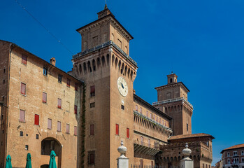 Wall Mural - Ferrara, Emilia Romagna, Italy. The imposing Estense castle, built by the noble Este family, with its towers and moat full of water. UNESCO World Heritage Site.