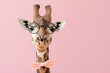 Quirky Giraffe with Glasses and Bow Tie on Pastel Pink Background, Humorous Animal Portrait