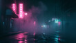 Neon lights flicker in the night smog