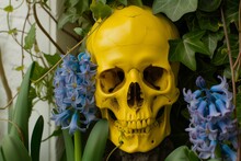 Bright Yellow Skull Entwined With Ivy And Hyacinths