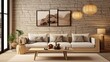 © haizah - Modern composition of japandi interior with design beige sofa, natural colors paintings, stone tables, stylish furniture, decoration and personal accessories.