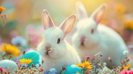 Canvas Print - Portrait of a white bunny on blurred pastel colors flowers background with decorated easter eggs