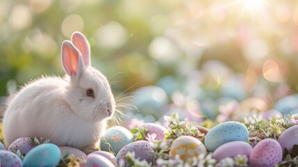Canvas Print - Portrait of a white bunny on blurred pastel colors flowers background with decorated easter eggs