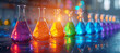 banner of Neon, contrast flasks on the table in laboratory. luminophore. Science & Research Concept