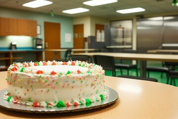 empty break room, decorated cake untouched