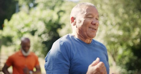 Poster - Running, friends and senior men in park for exercise, marathon training and workout for health. Retirement, fitness and mature people outdoors for wellness, cardio and active in nature together