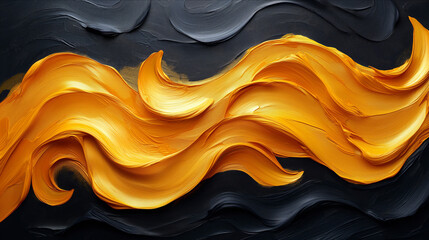 Wall Mural - Abstract yellow black acrylic painted fluted 3d painting texture luxury background banner on canvas - Yellow waves swirls. Decor concept. Wallpaper concept. Art concept. 3d concept.