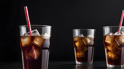 A refreshing cola full of carbonated beverage and ice is placed in a cup. generative AI.